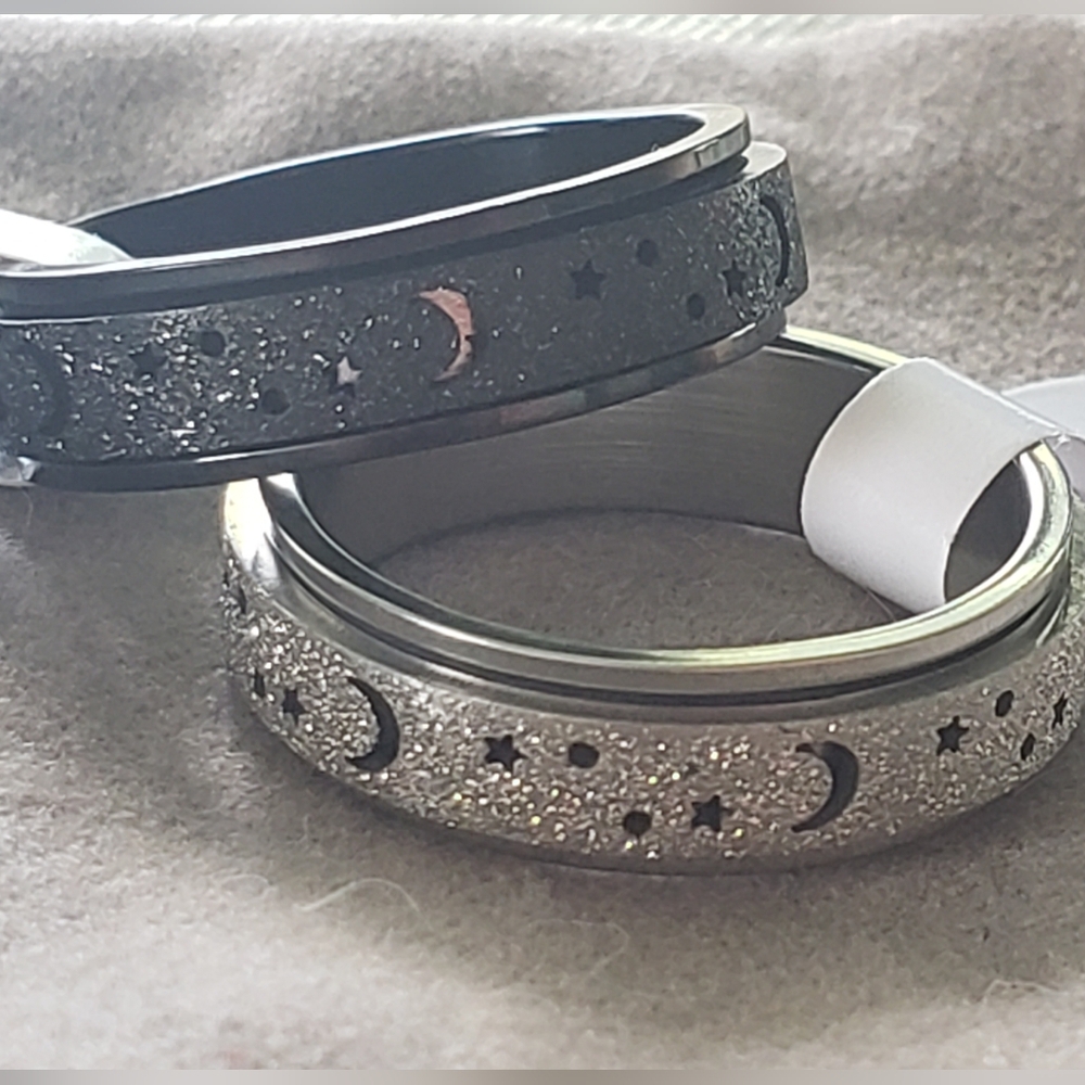 Silver and Black Moon and Stars Rings